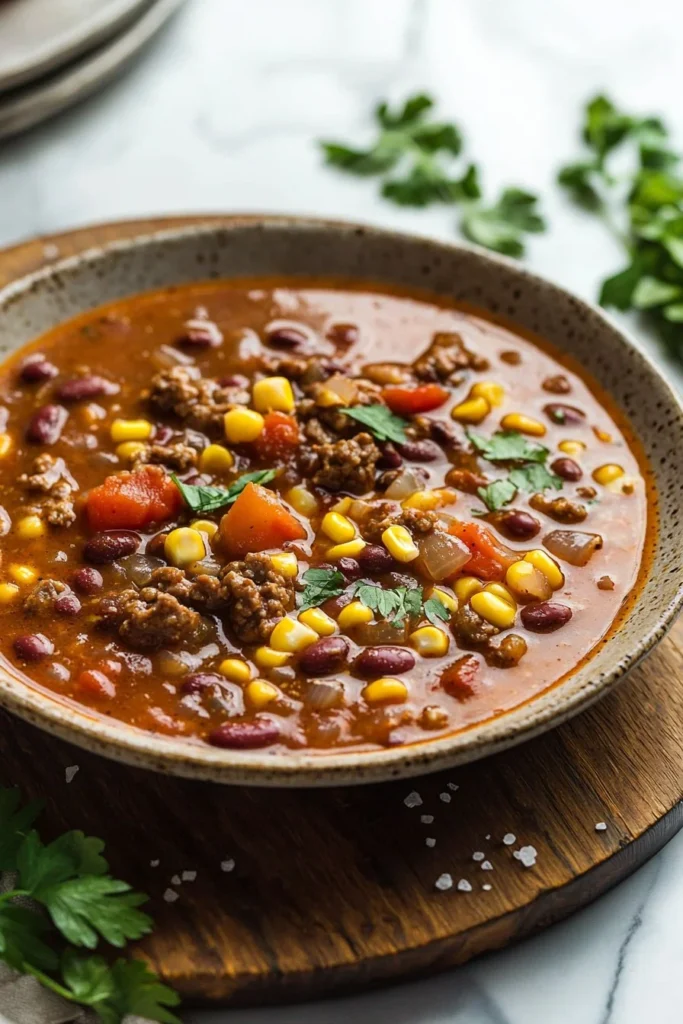Bowl of hearty cowboy stew with vegetables and meat