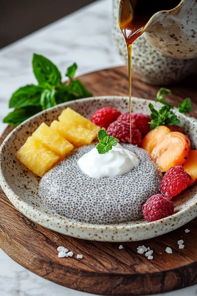 Delicious vanilla chia seed pudding topped with fresh berries and coconut.