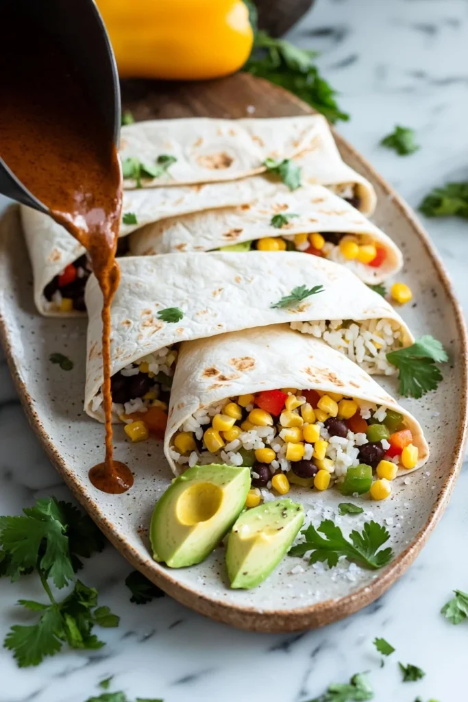 Colorful vegan burritos filled with fresh ingredients on a plate.