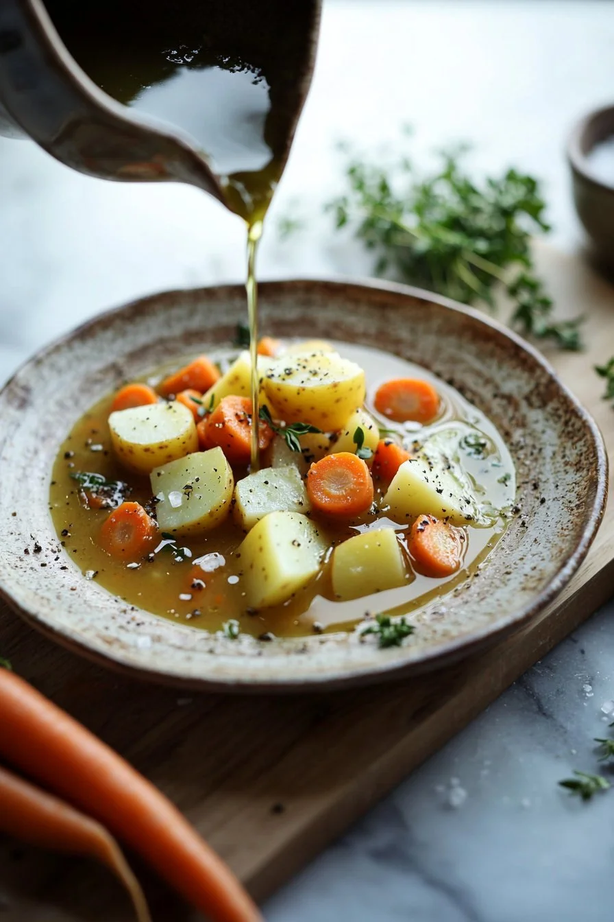 Bowl of vegan carrot potato soup garnished with herbs and spices