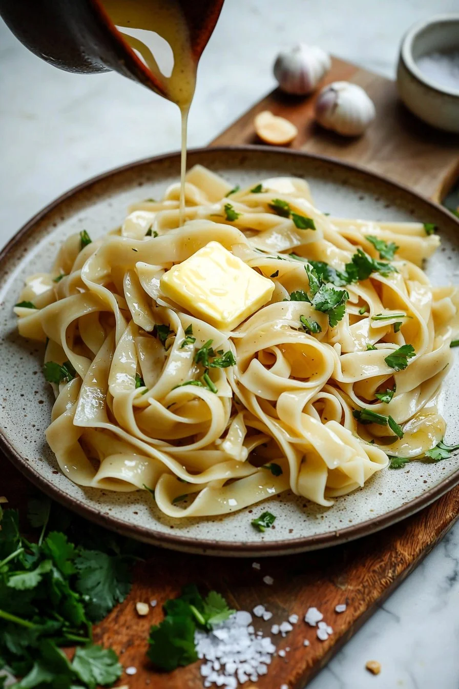 Bowl of Vietnamese Garlic Noodles garnished with fresh herbs and vegetables