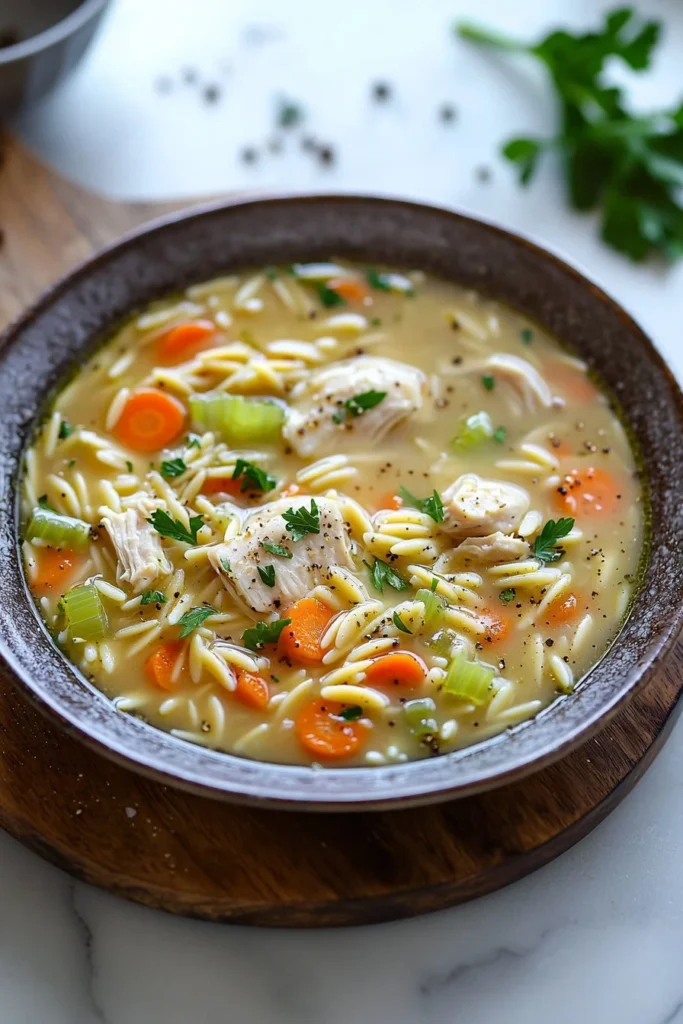 Bowl of warm Chicken Orzo Soup with fresh herbs and chicken pieces