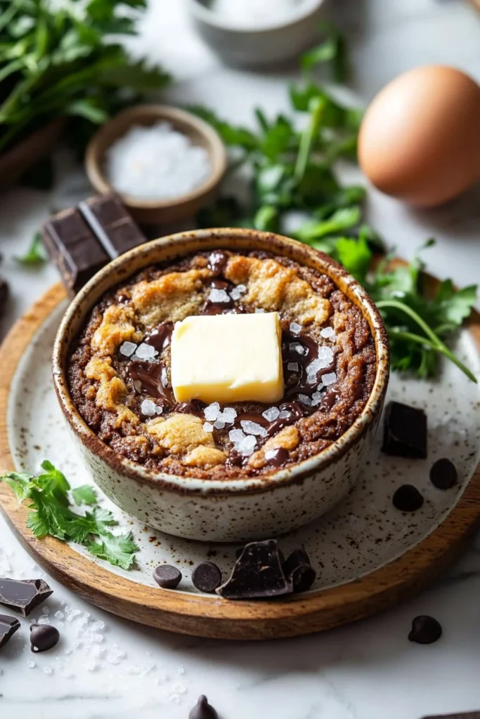 Delicious microwave mug cookie topped with chocolate chips