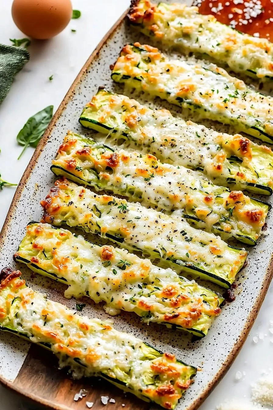 Baked zucchini breadsticks served with marinara sauce on a plate