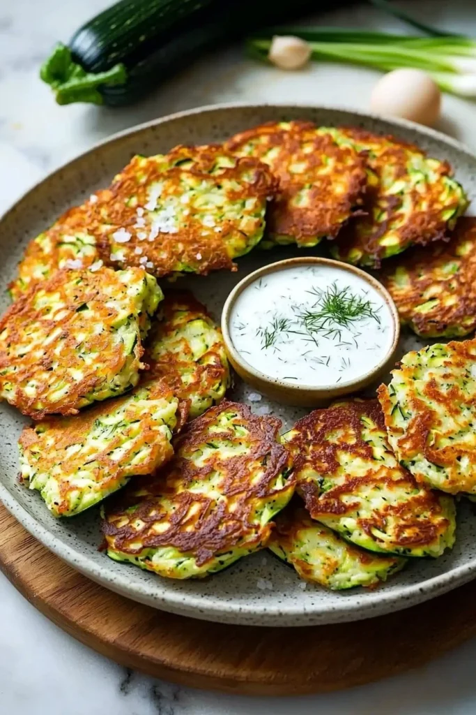 Crispy zucchini fritters served with garlic-dill yogurt sauce on a plate
