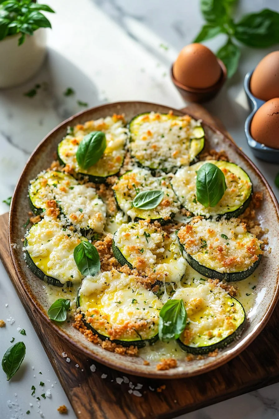 Baked Zucchini Parmesan with golden cheese topping and fresh herbs