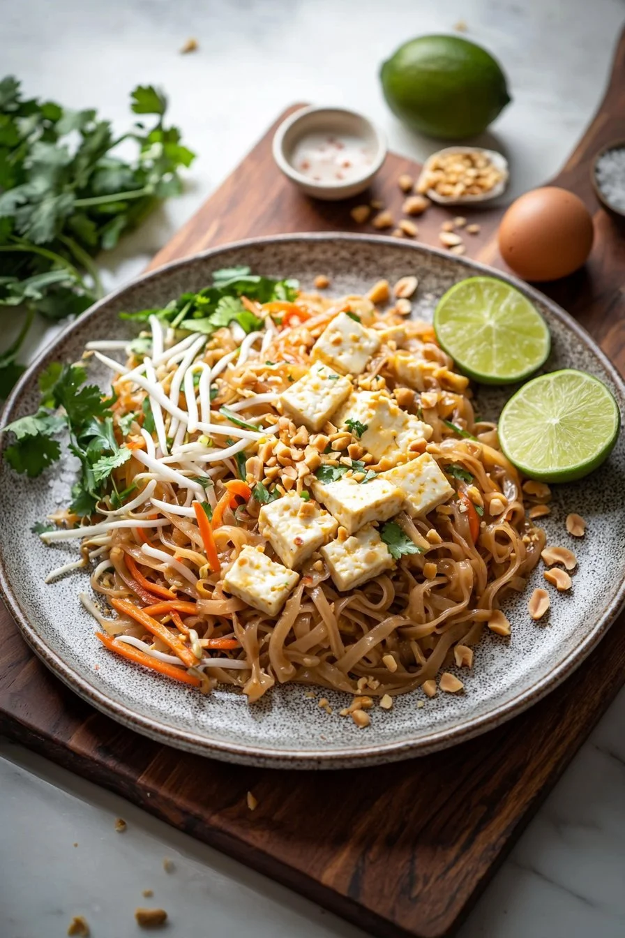 A plate of quick 30-minute Tofu Pad Thai, garnished with lime and peanuts.