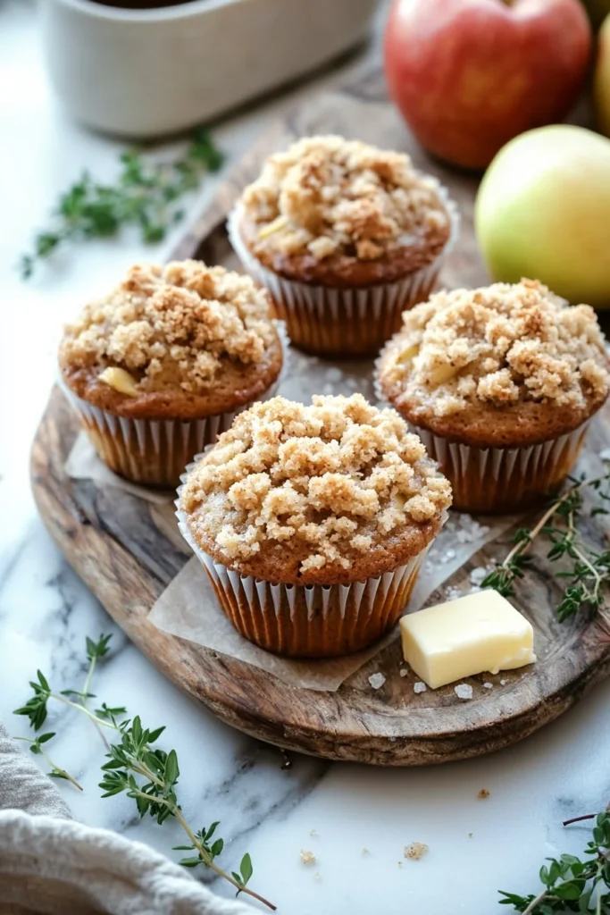 Freshly baked apple muffins with crumb topping on a wooden table