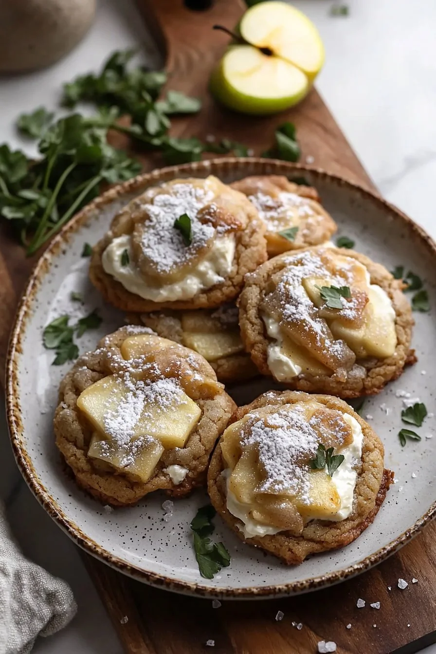 Delicious apple pie cheesecake cookies topped with caramel drizzle