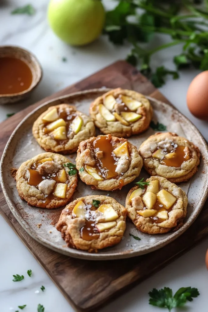 Apple pie cookies drizzled with caramel on a plate
