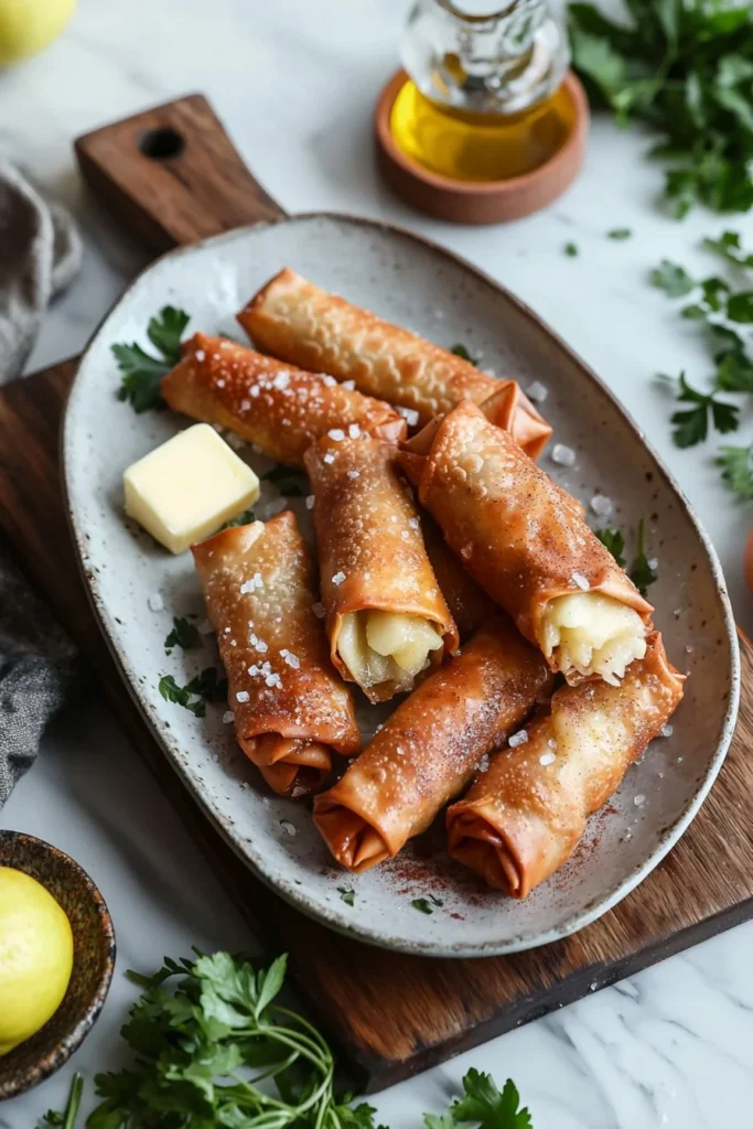 Delicious Apple Pie Egg Rolls served with a side of caramel dipping sauce