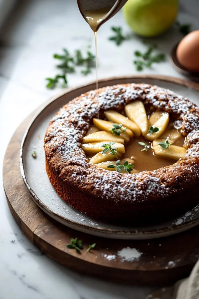Delicious homemade apple spice cake topped with frosting and cinnamon, ready to serve.