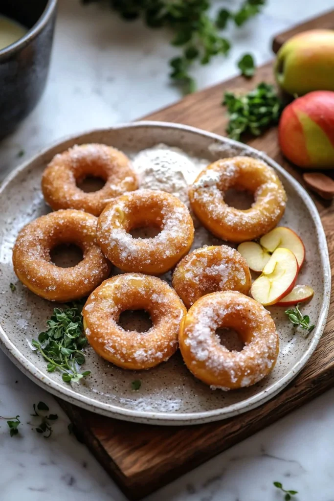 Delicious homemade autumnal apple donuts topped with cinnamon sugar.