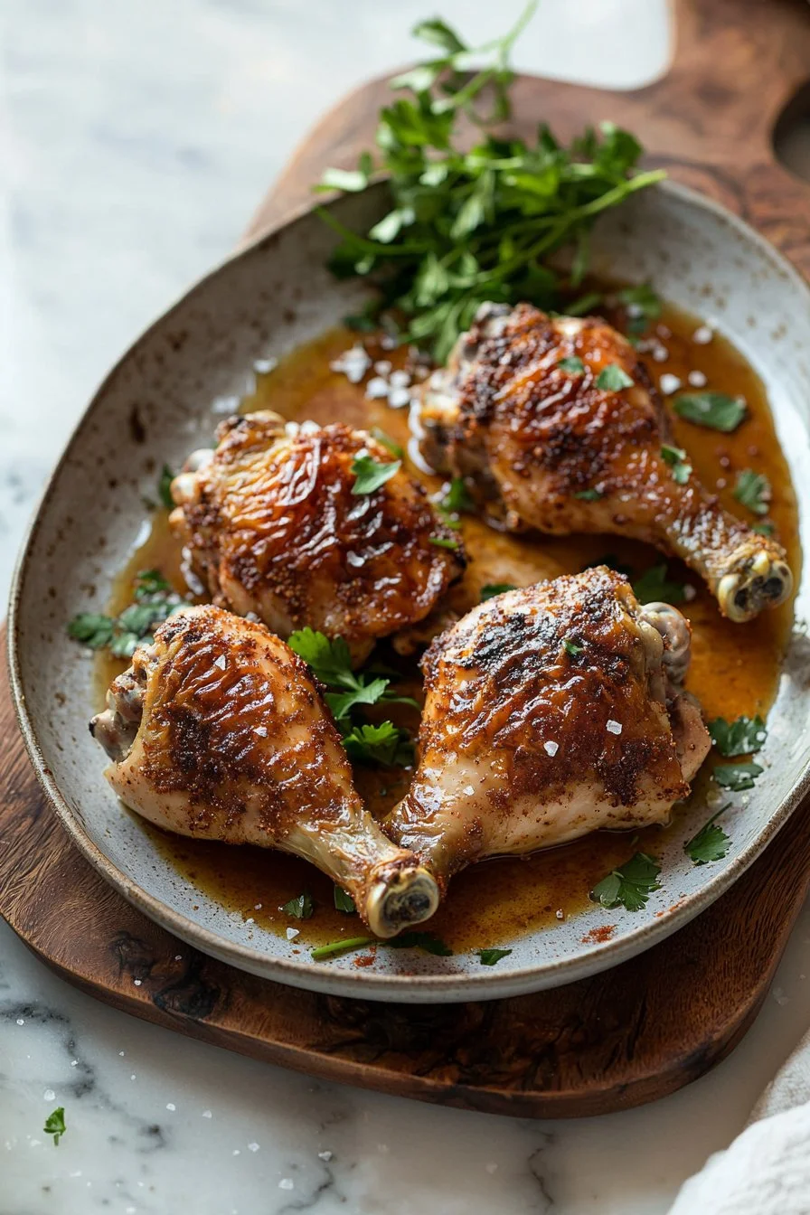 Juicy baked chicken leg quarters seasoned and ready to serve.