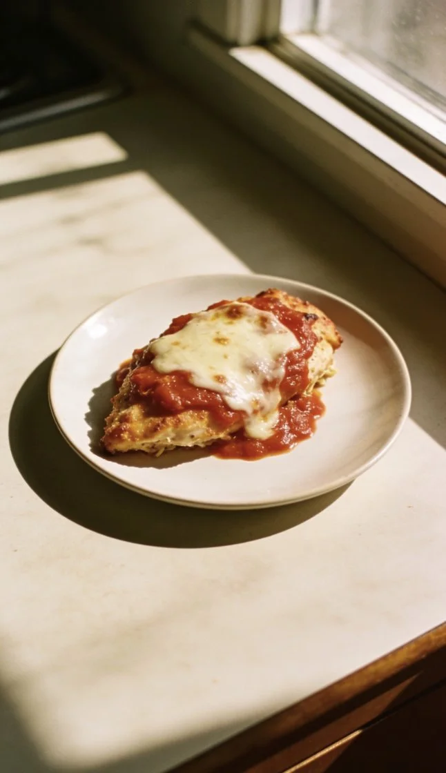Delicious Baked Chicken Parmesan served with marinara sauce and cheese