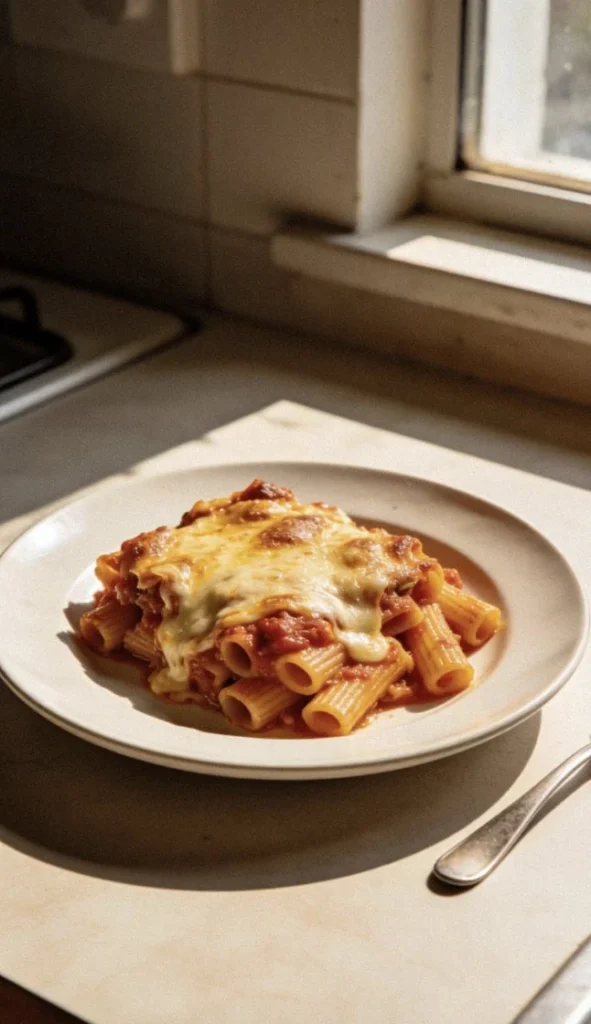 Delicious baked ziti with layers of pasta, marinara sauce, and melted cheese.