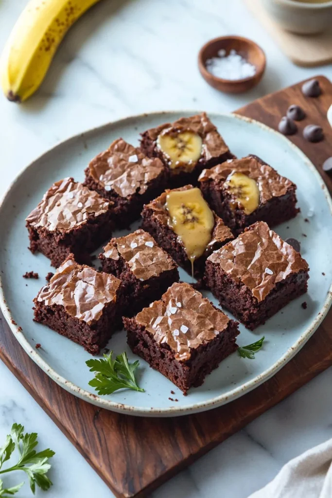 Delicious banana bread brownies stacked on a plate