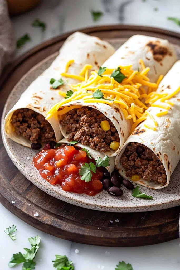 Delicious beef and bean burrito on a white plate
