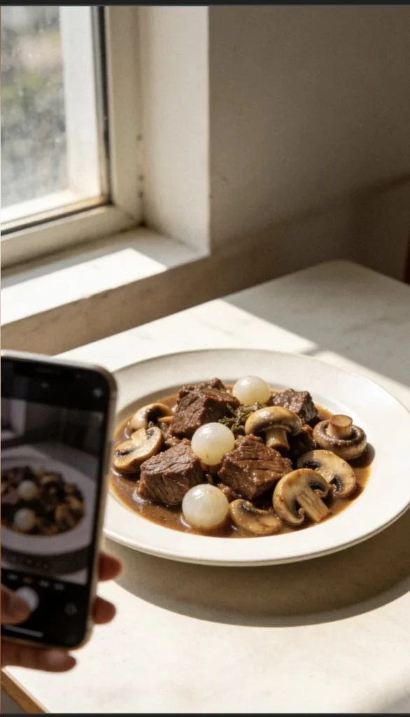 Delicious Beef Bourguignon served in a rustic bowl with vegetables and herbs.