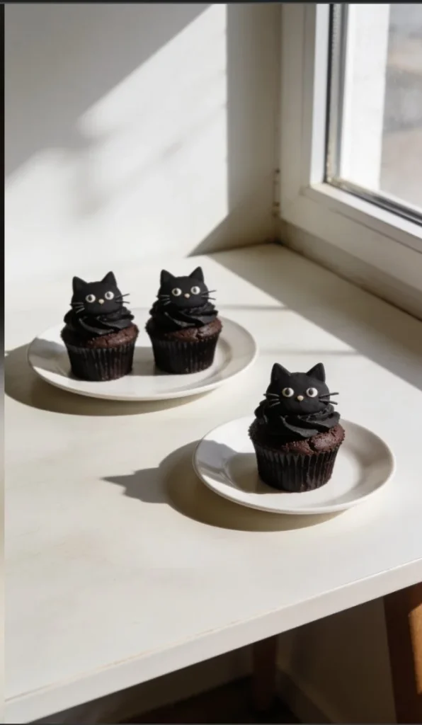 Black Cat Cupcakes decorated for Halloween celebration