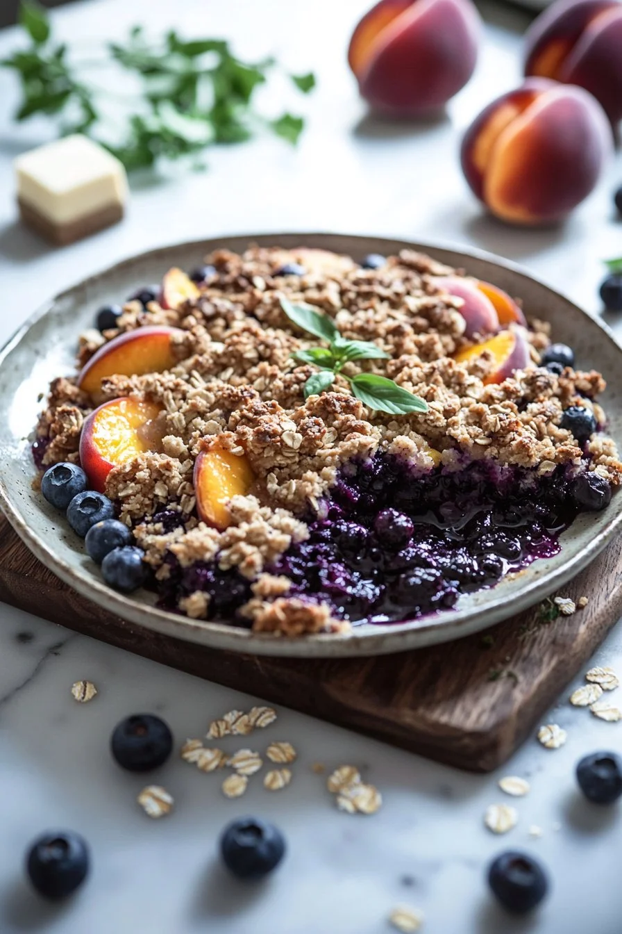 Freshly baked blueberry peach crumble ready to serve