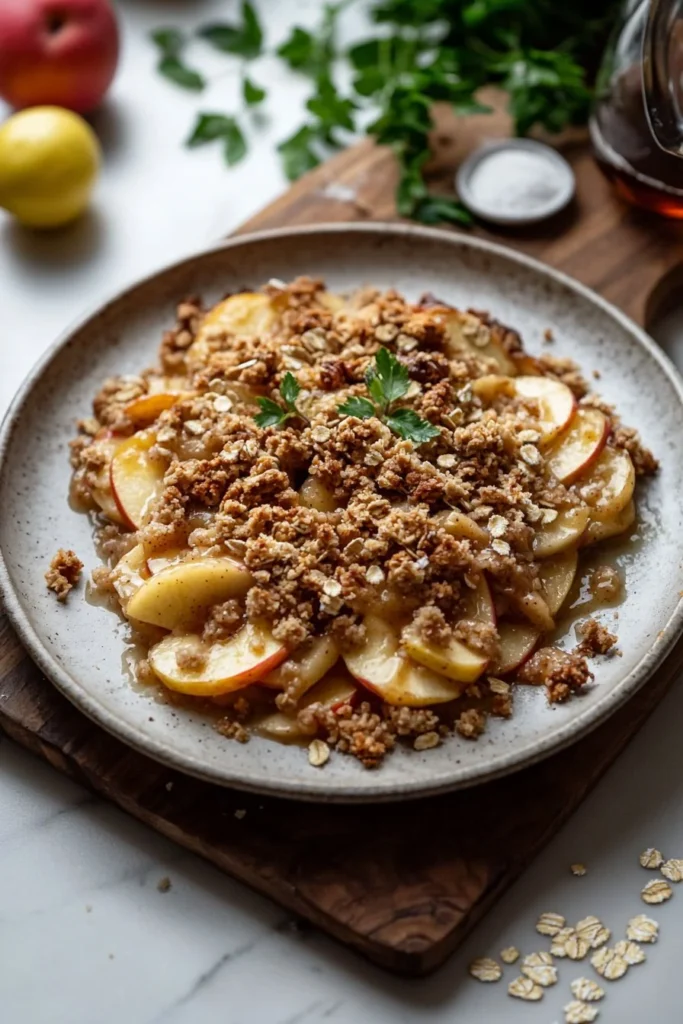Delicious Bourbon Apple Crisp topped with a golden crust and bourbon-infused apples
