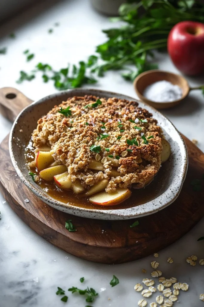 Bourbon Apple Crisp dessert topped with oats and served in a baking dish