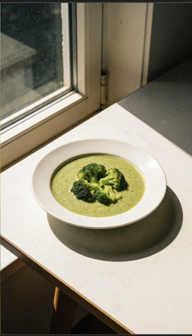 Homemade broccoli detox soup in a bowl garnished with herbs