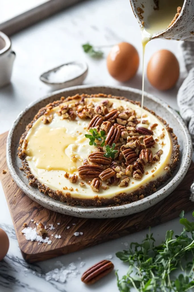 Decadent browned butter pecan cheesecake topped with caramel and pecans