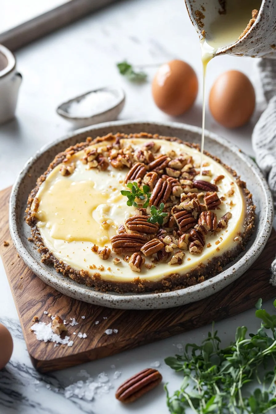 Decadent browned butter pecan cheesecake topped with caramel and pecans