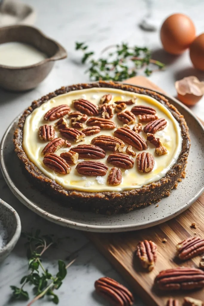Slice of browned butter pecan cheesecake topped with toasted pecans
