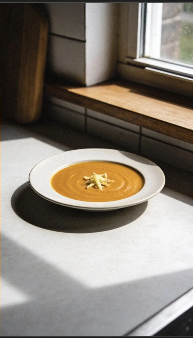 Bowl of creamy butternut squash ginger soup garnished with herbs