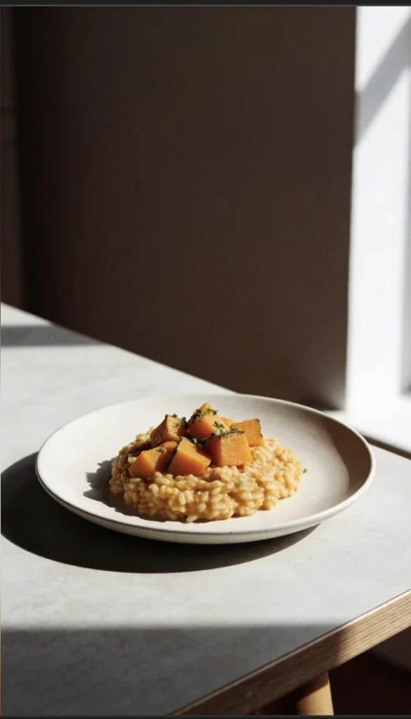 Creamy butternut squash risotto served in a bowl with herbs on top