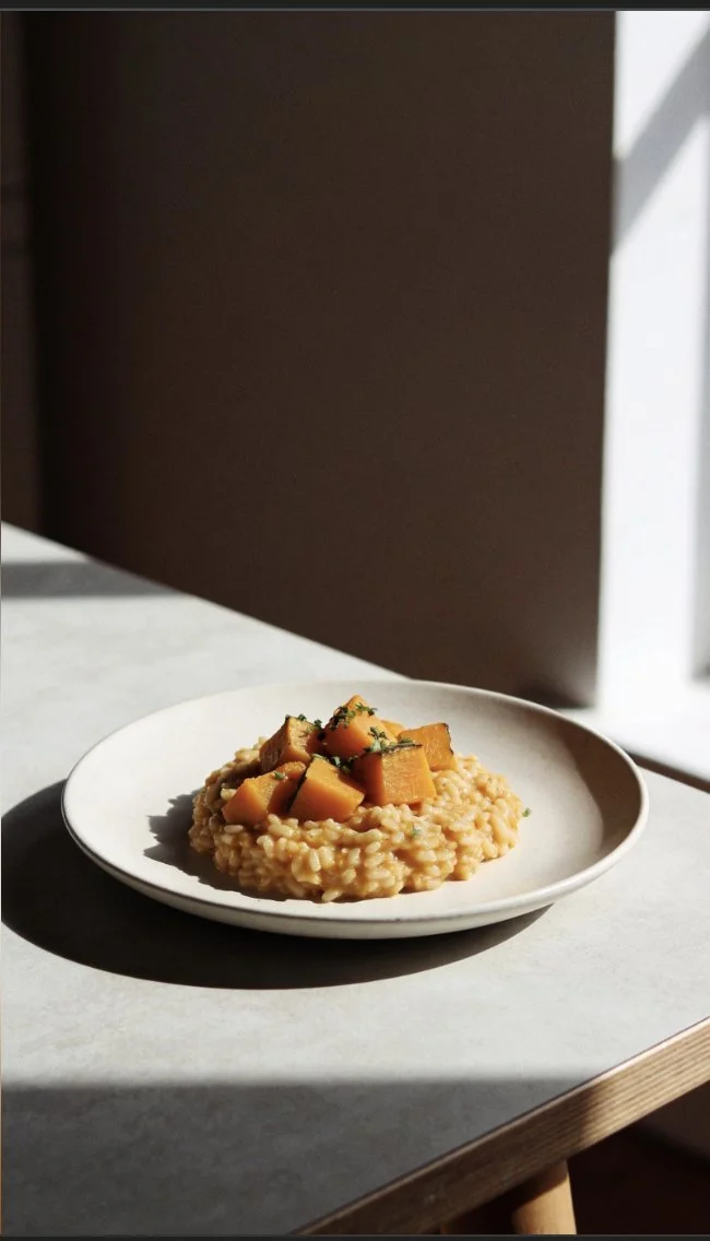 Creamy butternut squash risotto served in a bowl with herbs on top