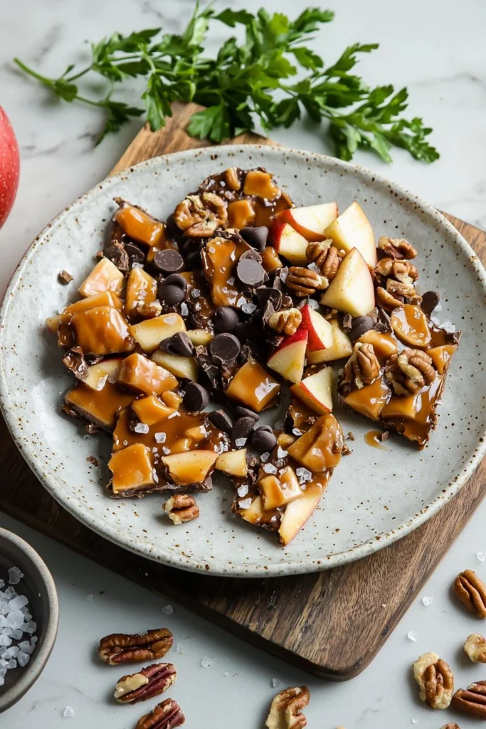 Delicious homemade Caramel Apple Bark with chocolate and apple pieces