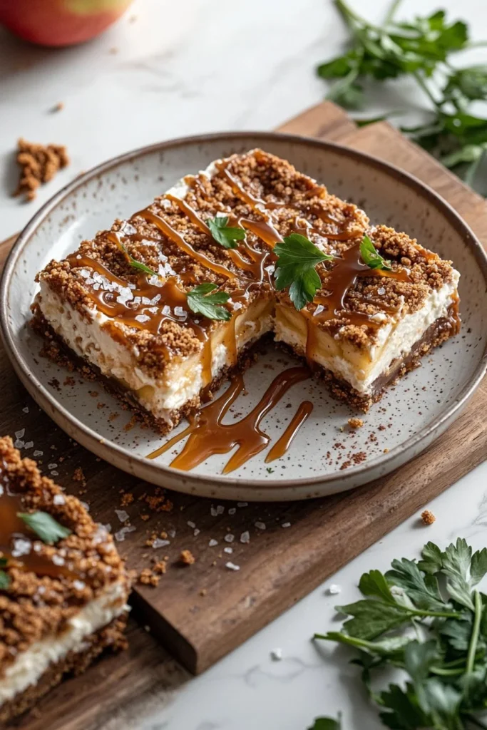 Delicious caramel apple cheesecake bars with a rich, creamy topping