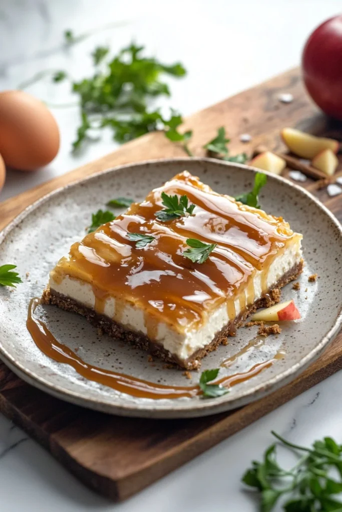 Delicious caramel apple cheesecake bars topped with caramel drizzle and apple slices