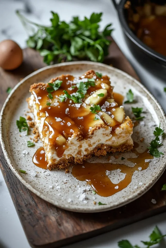 Delicious Caramel Apple Cheesecake Bars topped with caramel drizzle and apple slices