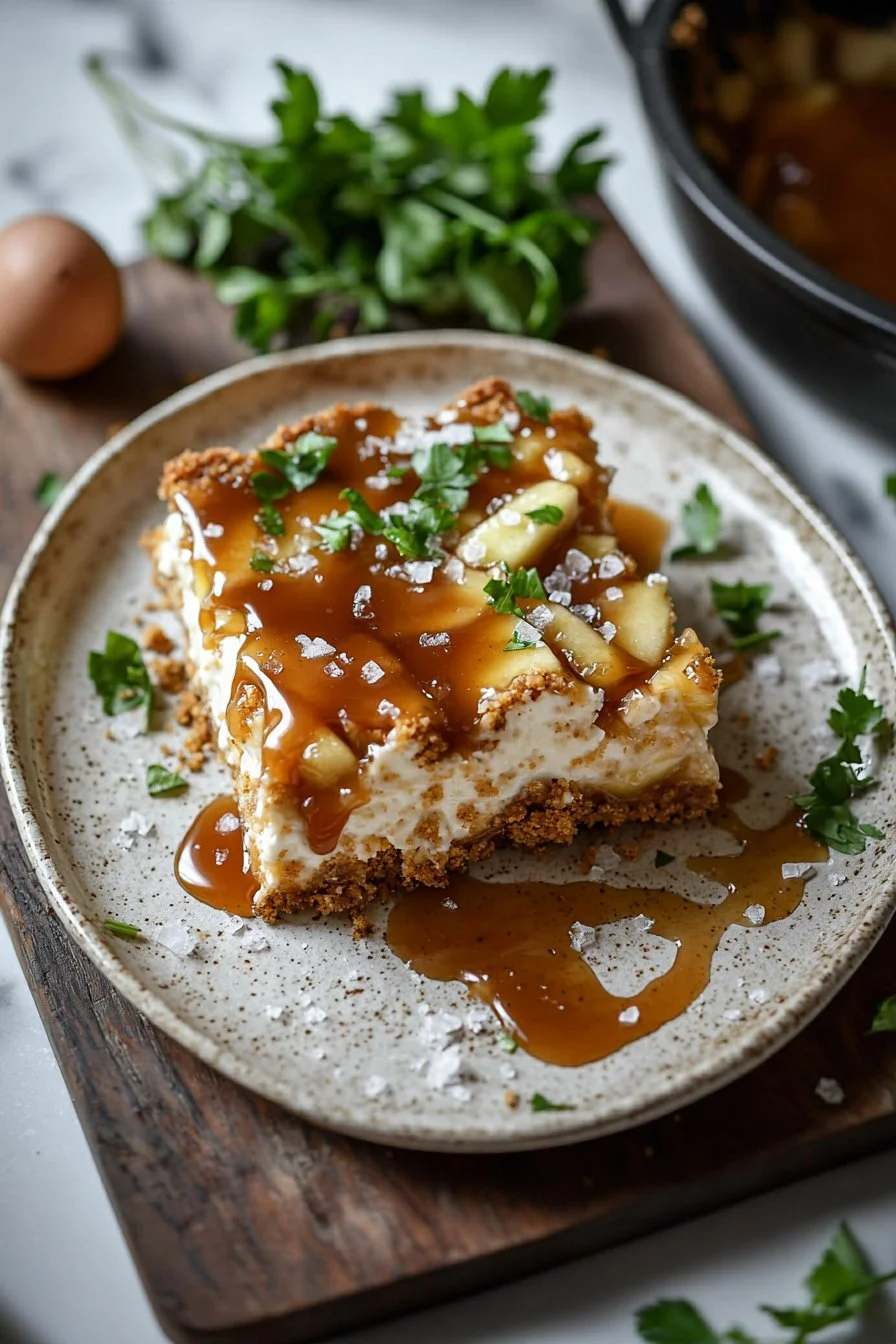 Delicious Caramel Apple Cheesecake Bars topped with caramel drizzle and apple slices
