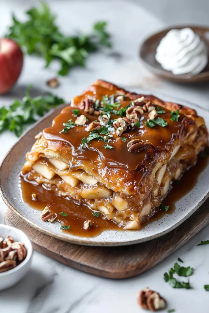Delicious layered Caramel Apple Cinnamon Roll Lasagna dessert with apples and cinnamon