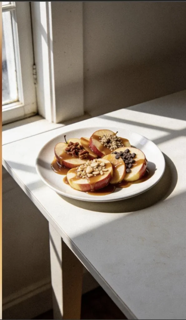 Delicious caramel apple slices drizzled with chocolate and topped with nuts.