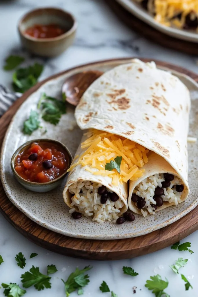 Cheesy bean and rice burrito filled with savory ingredients