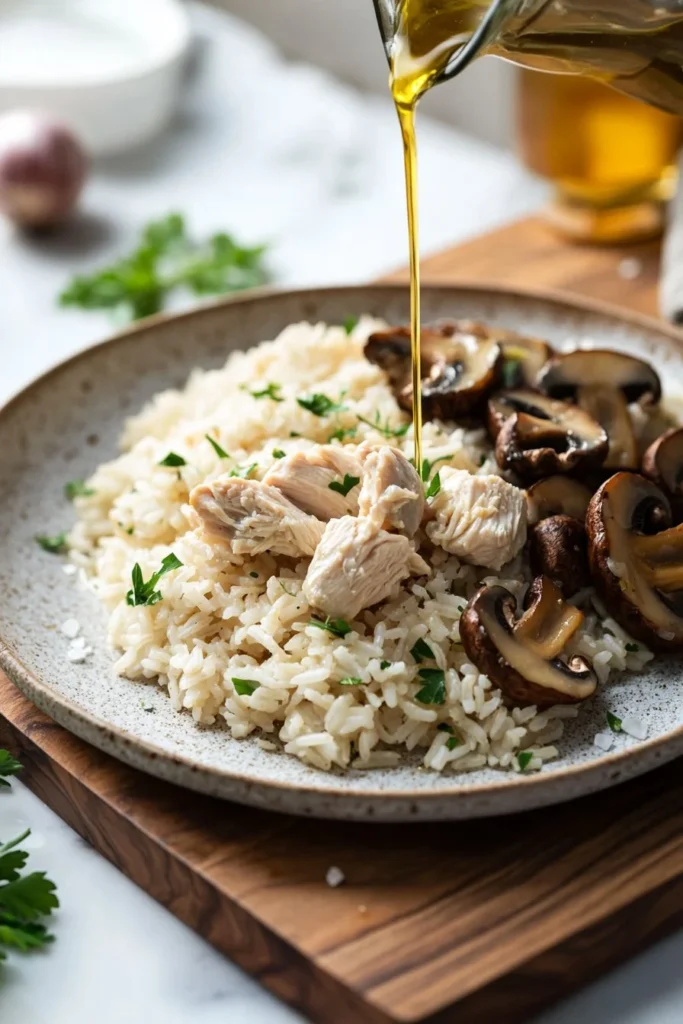 Plate of Chicken and Rice with Mushrooms garnished with herbs
