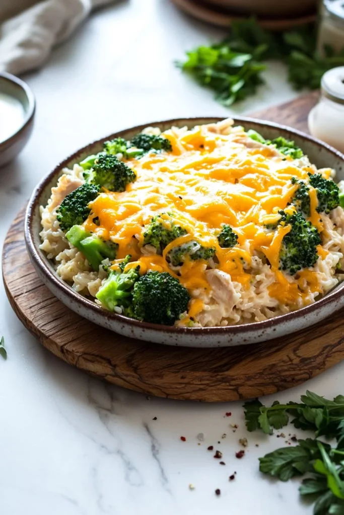 Creamy Chicken Broccoli Rice Casserole topped with cheese and ready to serve.