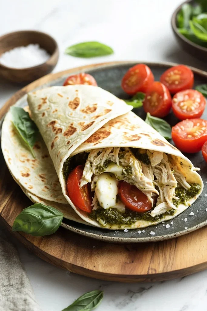 Chicken Pesto Caprese wrap with basil, mozzarella, and grilled chicken.