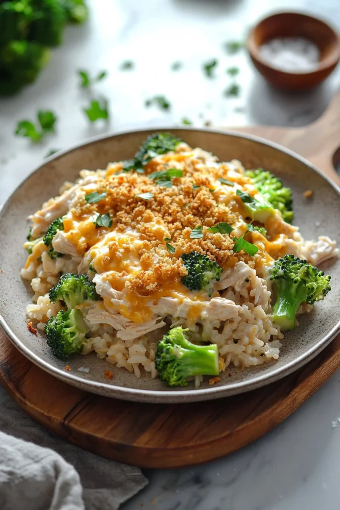 Delicious Chicken Rice and Broccoli Casserole served in a baking dish