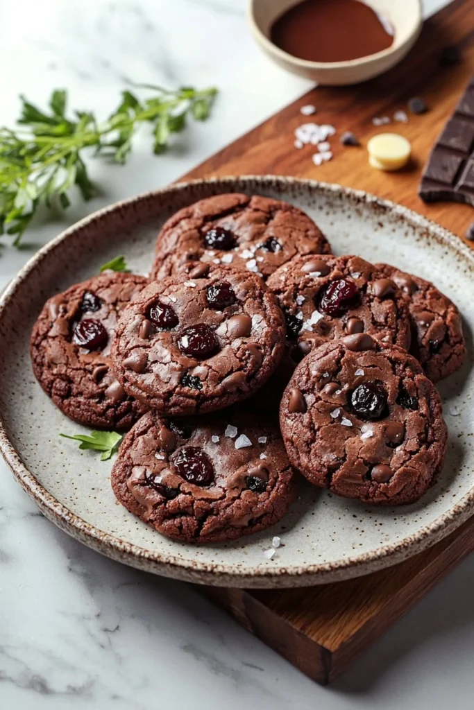 Freshly baked chocolate cherry cookies on a wooden table