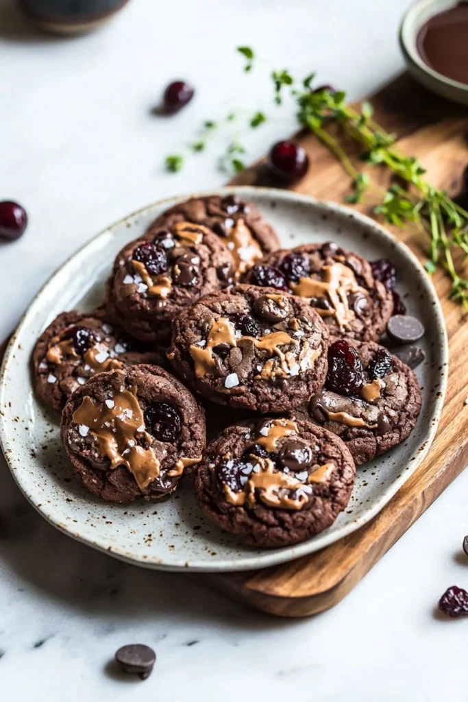 Freshly baked Chocolate Cherry Cookies with chocolate chunks and cherry pieces