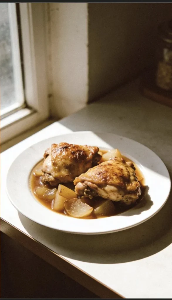 Delicious cider braised chicken thighs served with herbs and side dishes.
