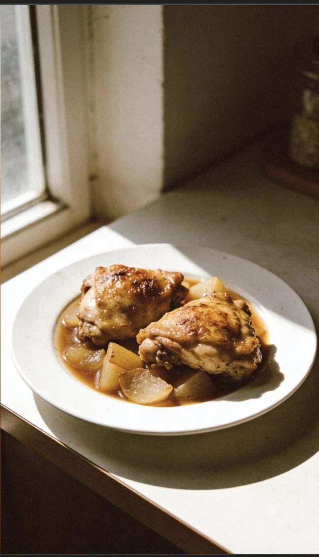 Delicious cider braised chicken thighs served with herbs and side dishes.